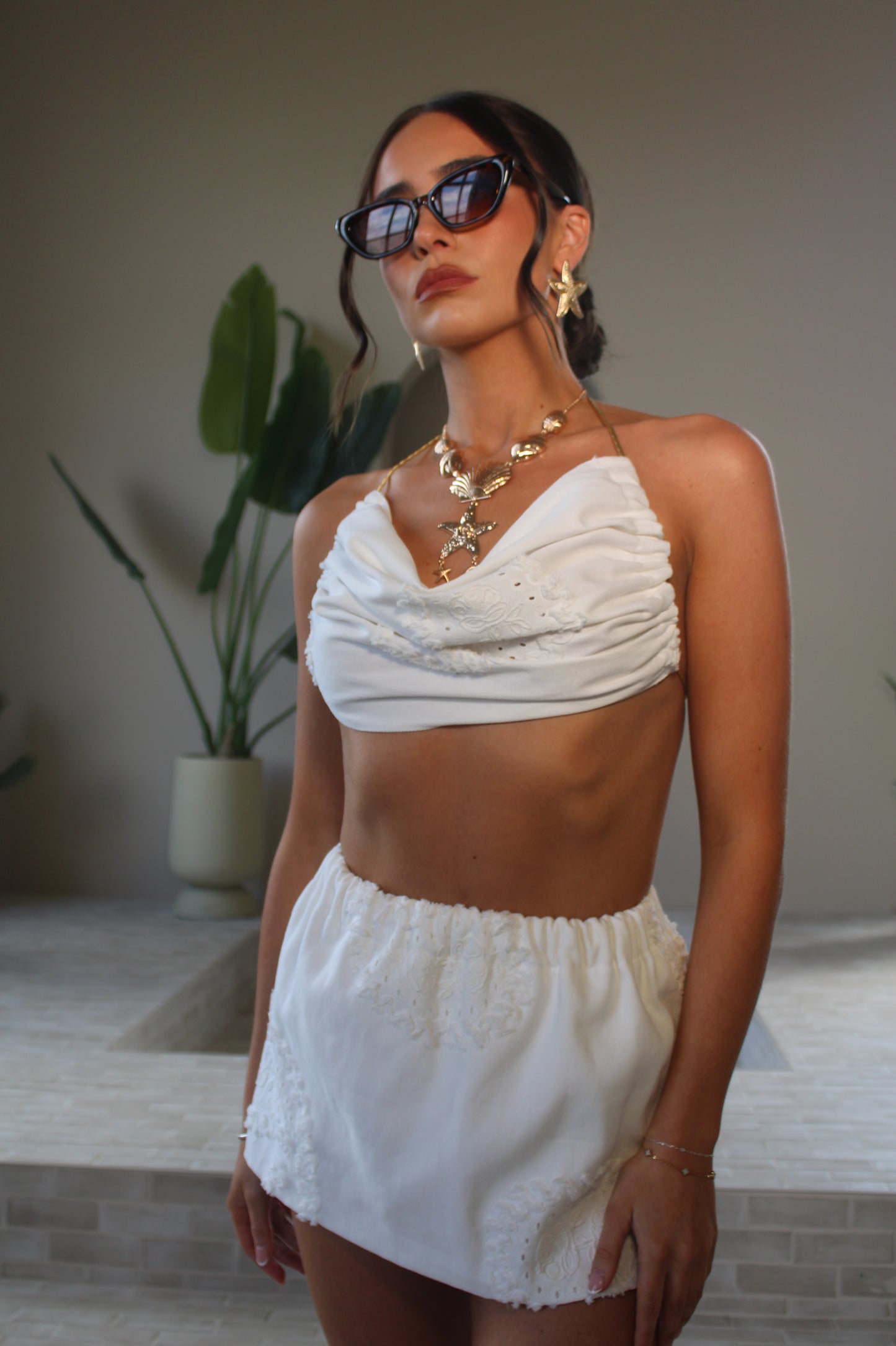 FLORITA Co-ord in White Embroidered Denim