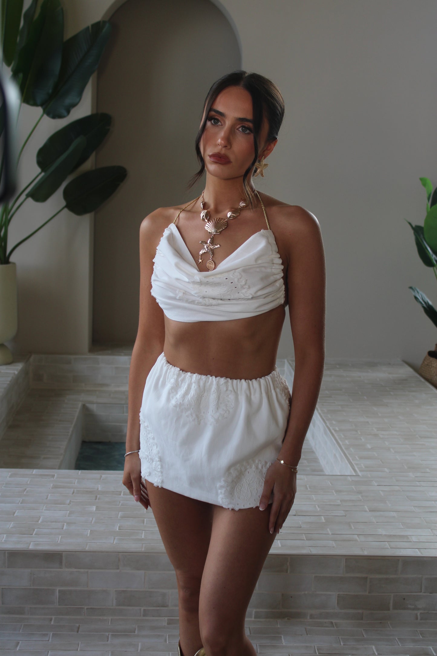 FLORITA Co-ord in White Embroidered Denim
